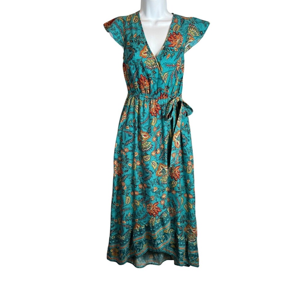 Band of the Gypsies Turquoise Paisley V-Neck Maxi Faux Wrap Dress XS Summer